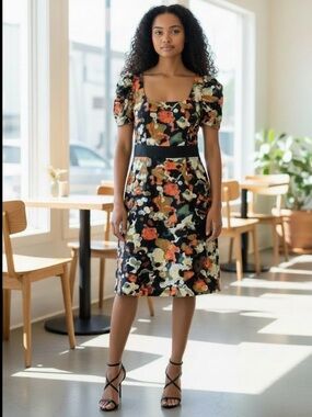 Anthropologie Black Floral Midi Dress with Puff Sleeves